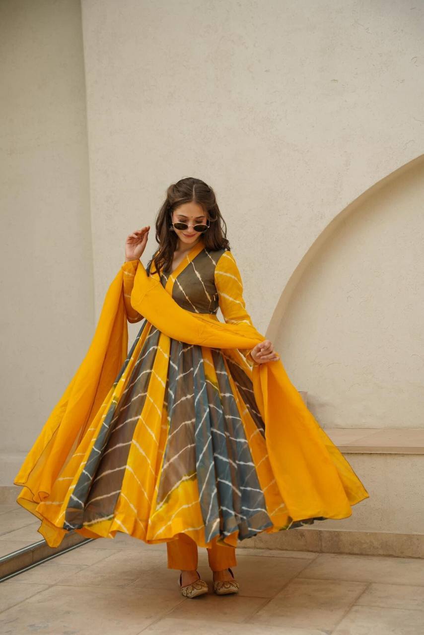 Haldi Functions Special Pretty Lehriya Printed Yellow Outfit.