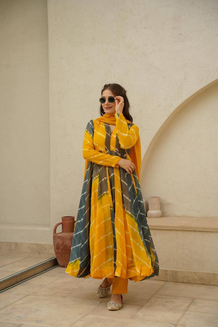 Haldi Functions Special Pretty Lehriya Printed Yellow Outfit.