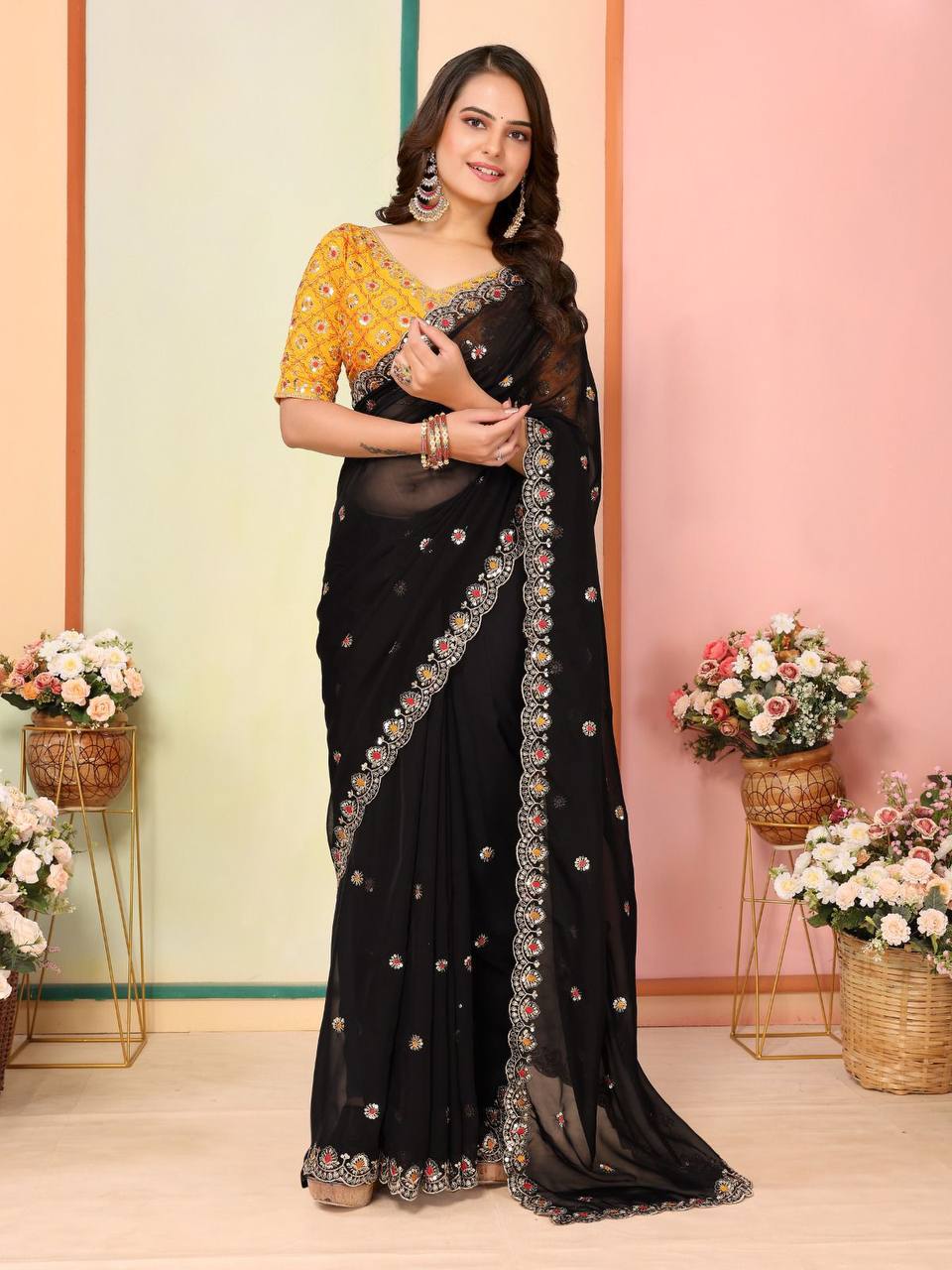 Party Wear Special Tibby Organza Silk Black Saree Collection.