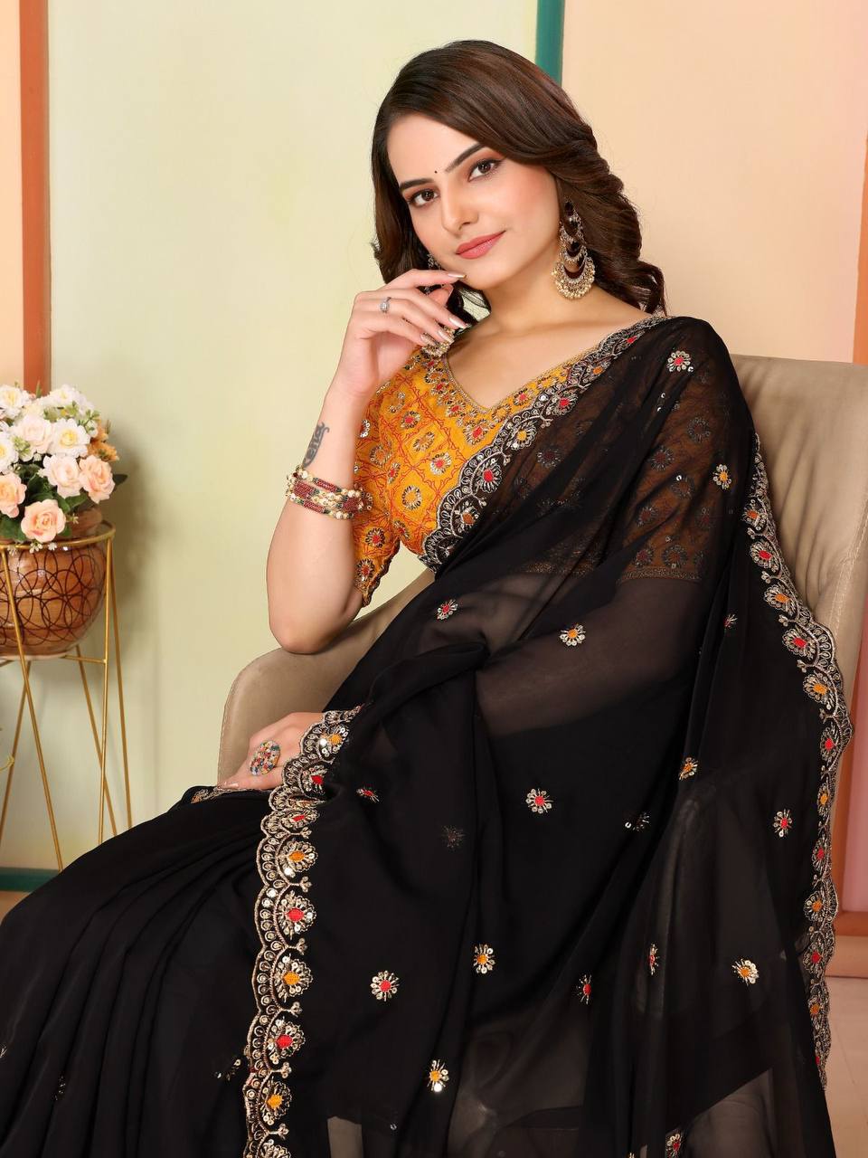Party Wear Special Tibby Organza Silk Black Saree Collection.