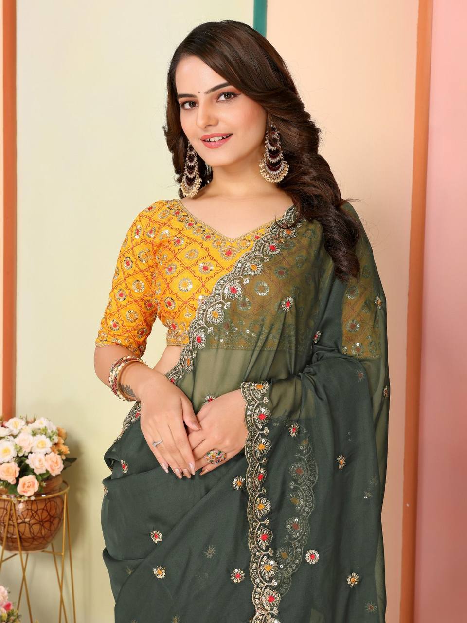 Mahendi Function Special Tibby Organza Silk Saree Collection.