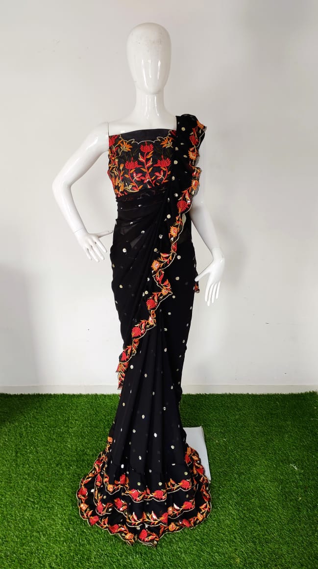 Party Wear Special Sequence Work Georgette Black Saree.