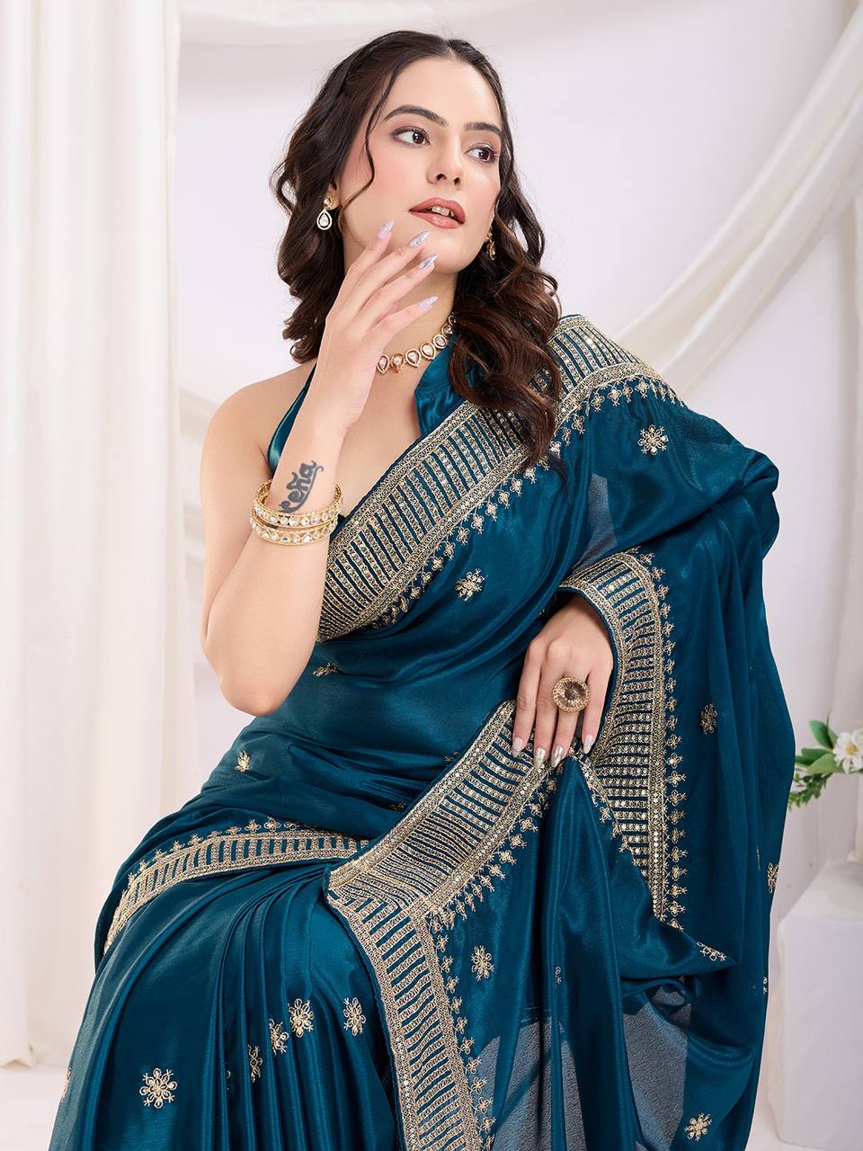 Reception Party Wear Special Chinon Silk Saree Collection.
