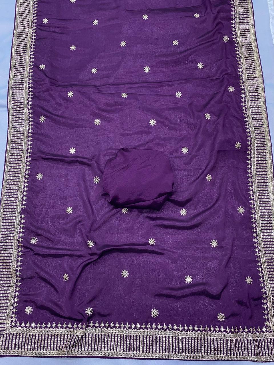 Beautiful Designer Purple Chinon Silk Saree Collection.