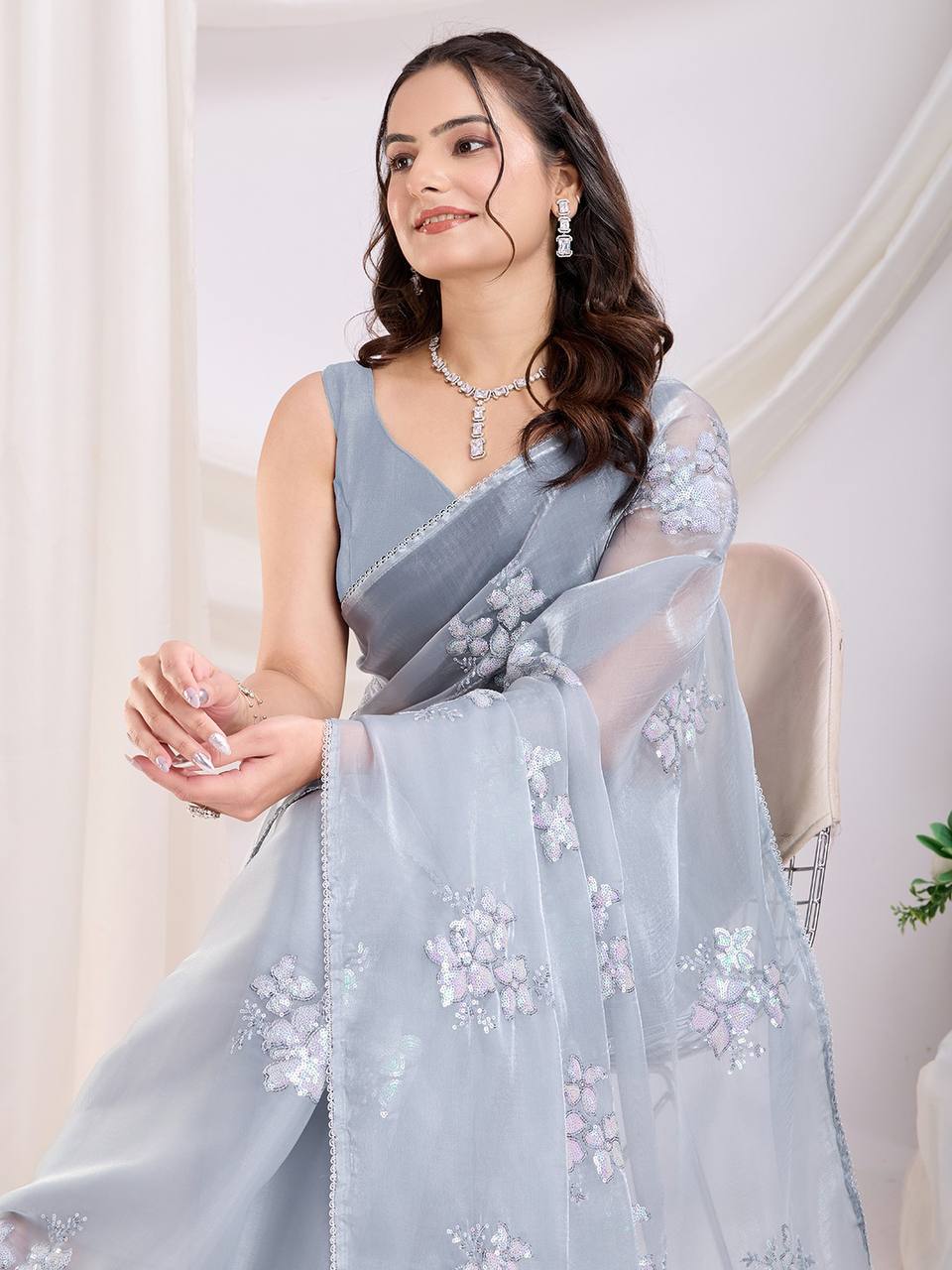 New Grey Colour Zimmy Choo Saree Collection.