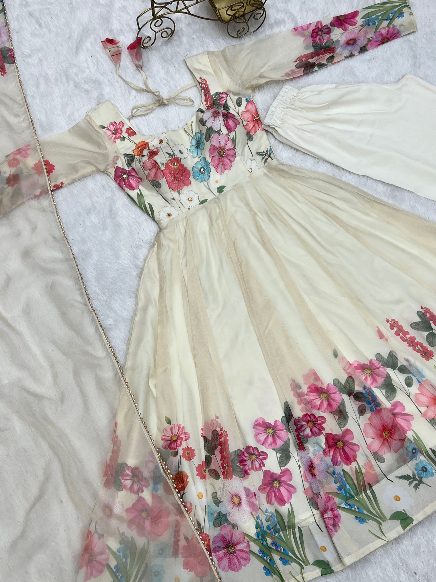 Occasion Wear Special New Cream Color Anarkali Suit.