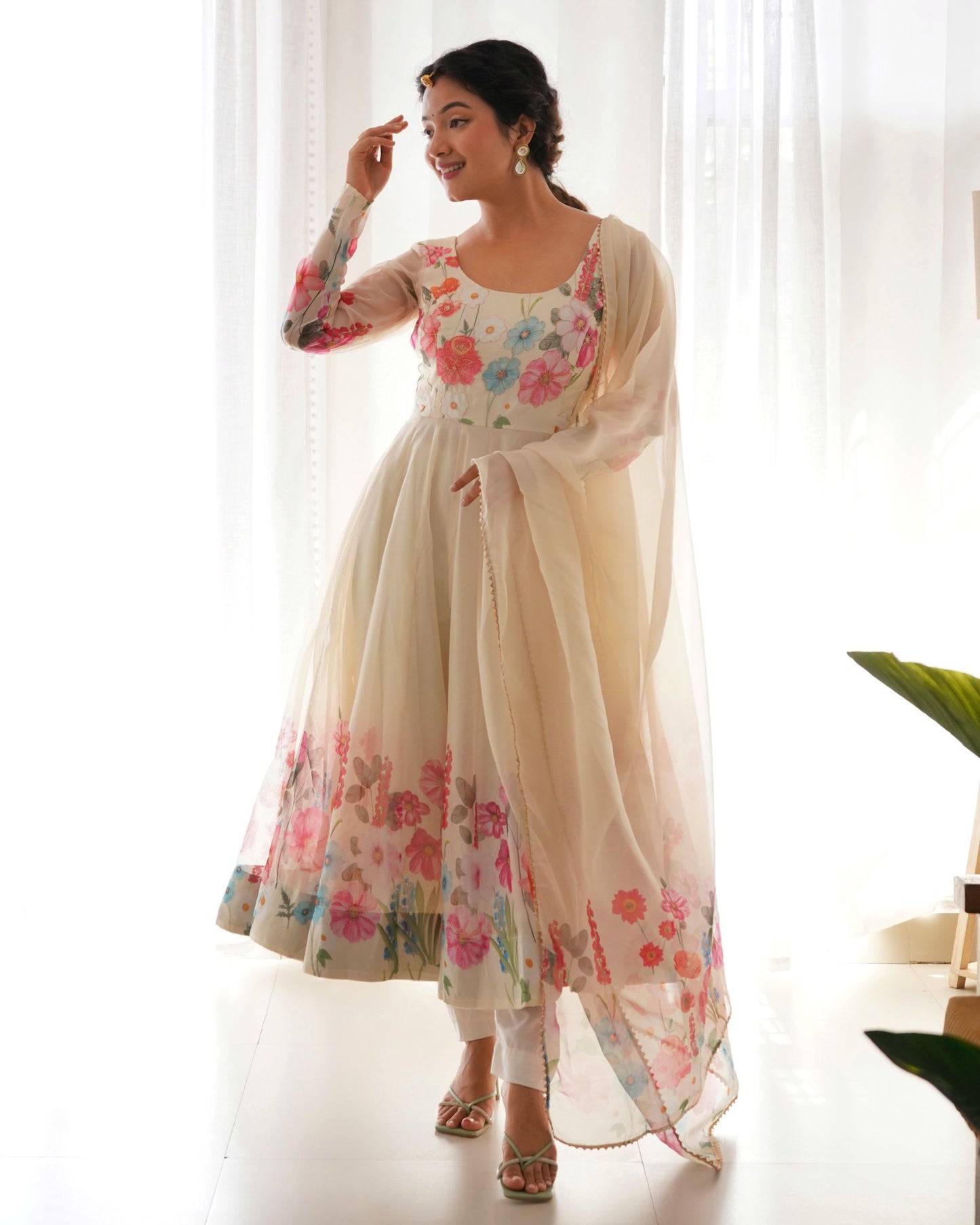 Occasion Wear Special New Cream Color Anarkali Suit.