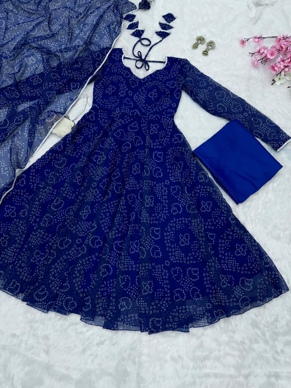 Amazing Designer Blue Bandhni Printed Anarkali Outfit.