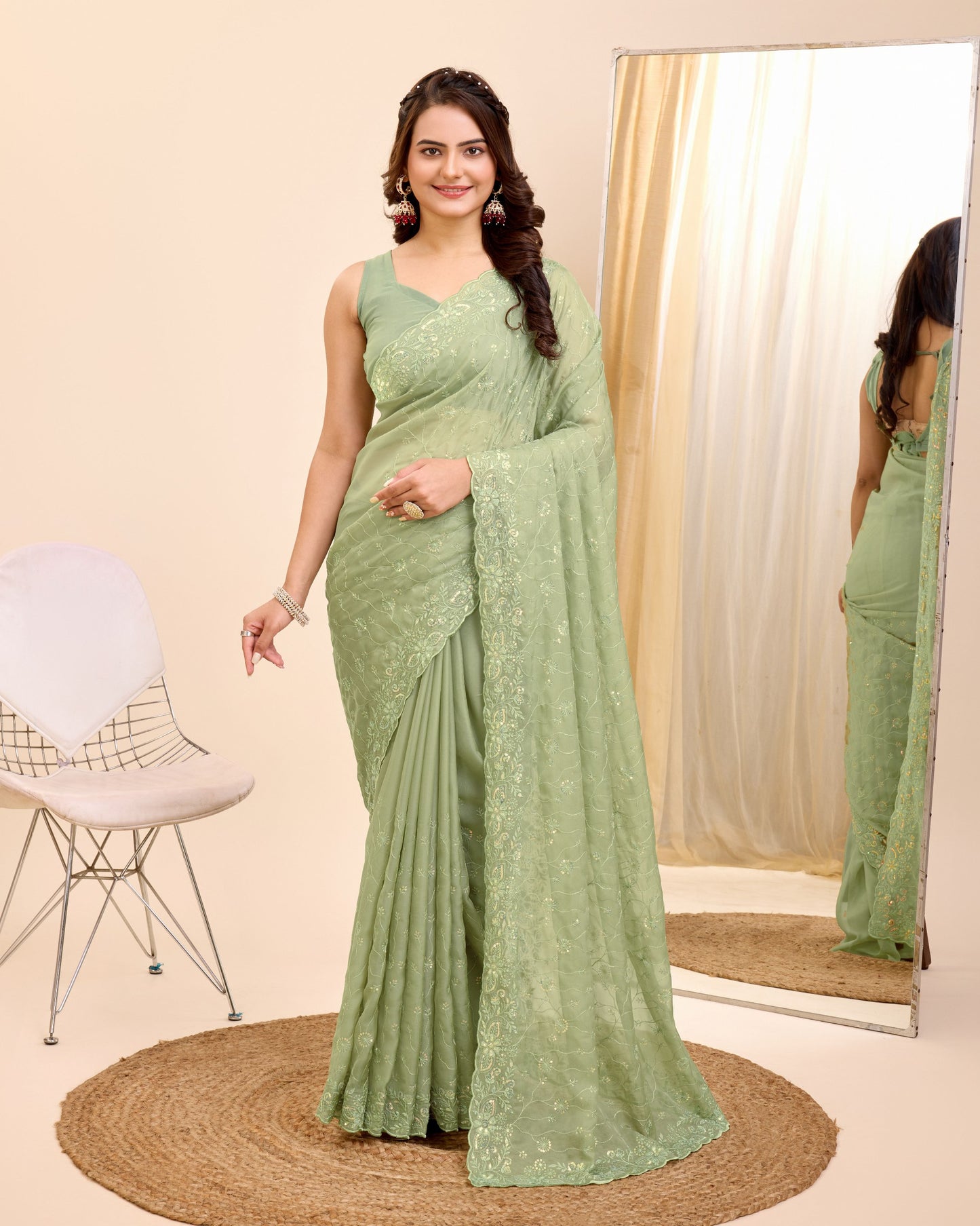 Beautiful Premium Soft Organza Silk Pista Color Saree.