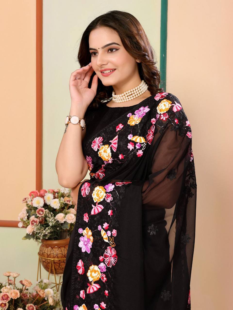 Party Wear Look Black Color Organza Silk Saree Collection.
