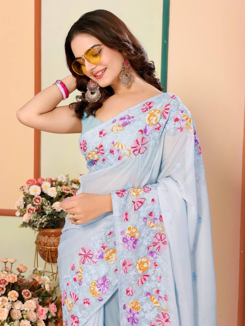 Organza Silk Embroidery Work Beautiful Saree Collection.