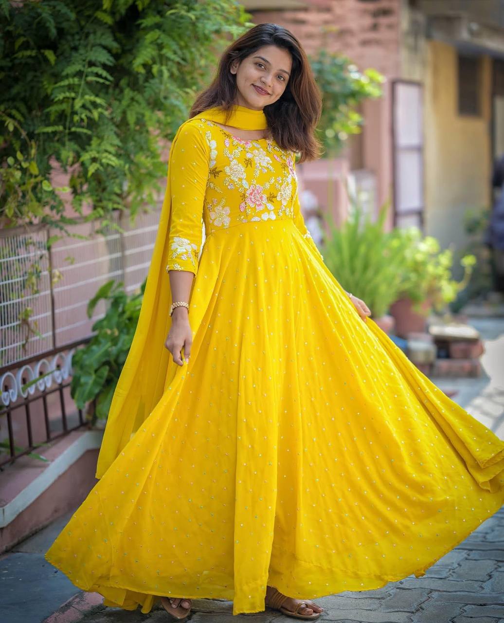 Haldi Functions Special New Trendy Yellow Gown Collection.