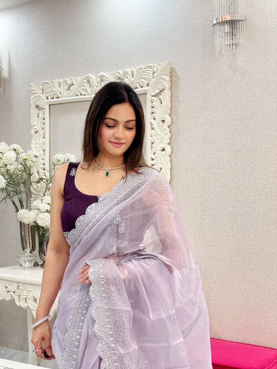 Lavender Color Party Wear Special Jimmy Choo Saree Collection.
