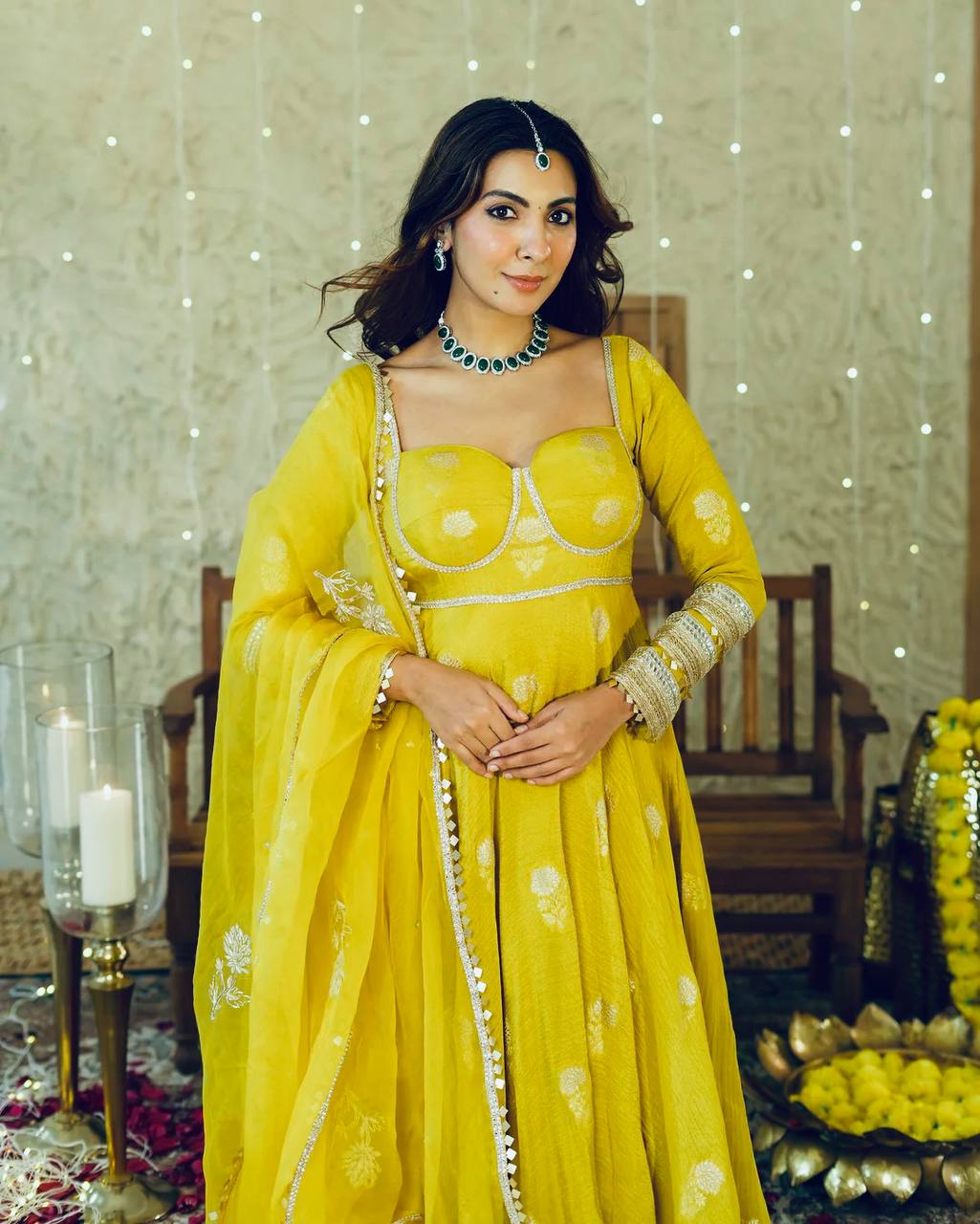 Pretty Yellow Designer Pure Chinon Silk Gown Collection.