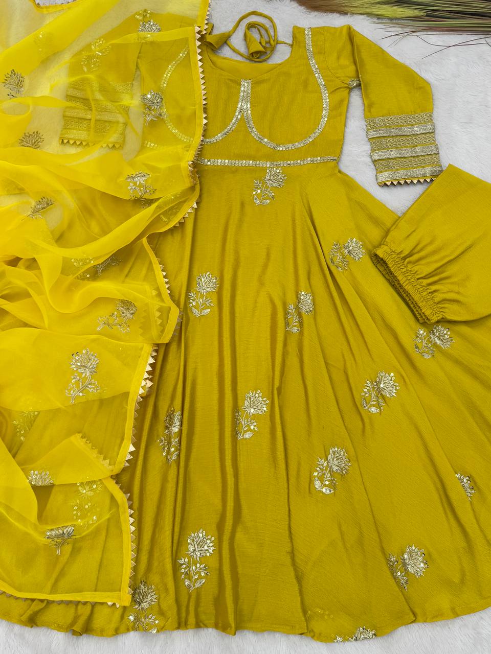 Pretty Yellow Designer Pure Chinon Silk Gown Collection.