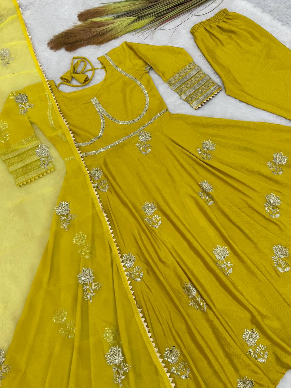 Pretty Yellow Designer Pure Chinon Silk Gown Collection.