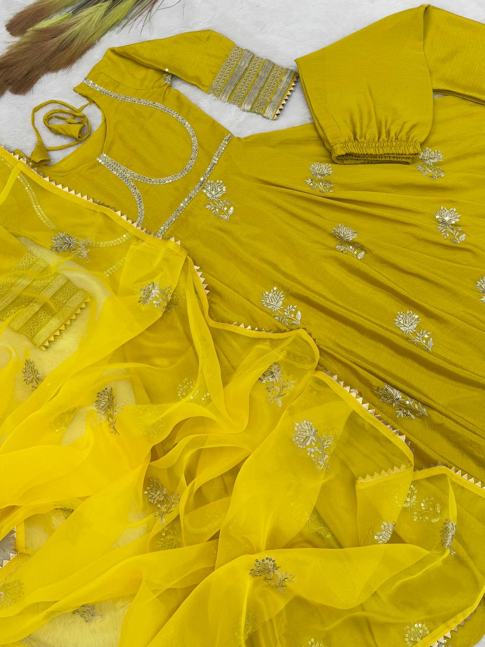 Pretty Yellow Designer Pure Chinon Silk Gown Collection.
