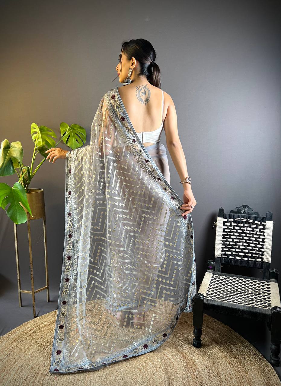 Grey Butterfly Soft Net Saree Collection.
