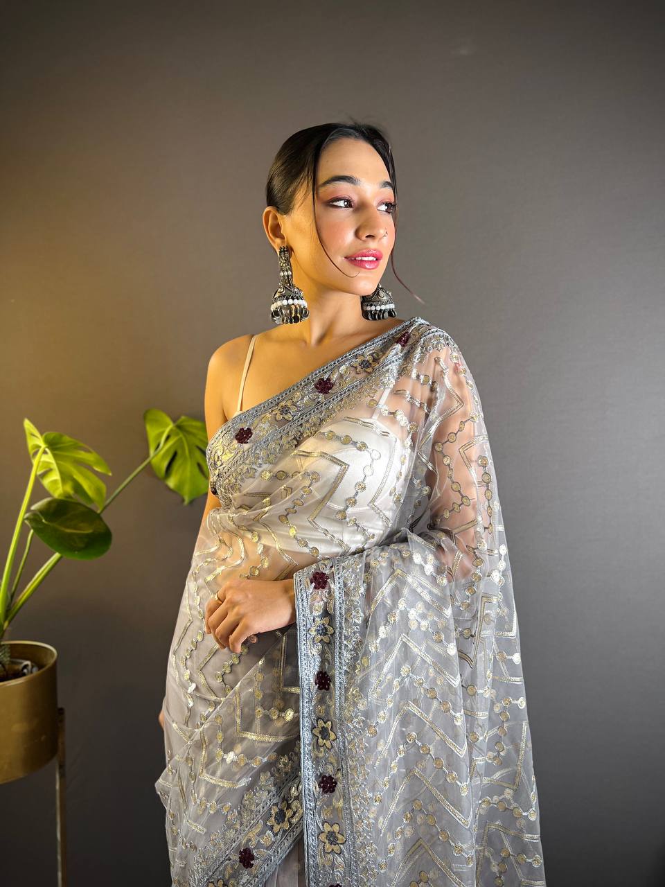 Grey Butterfly Soft Net Saree Collection.