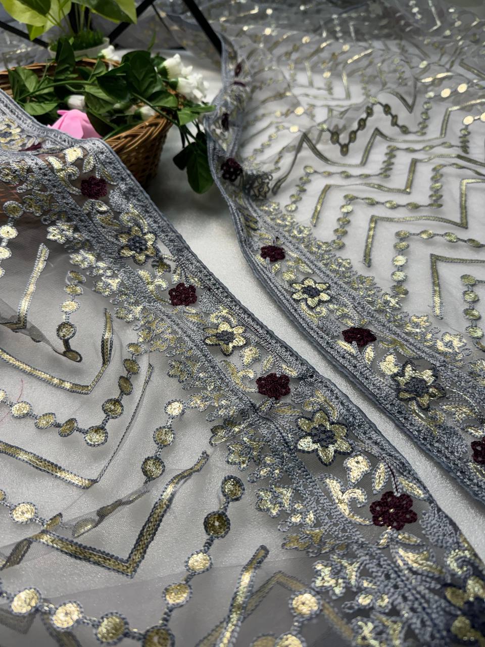 Grey Butterfly Soft Net Saree Collection.