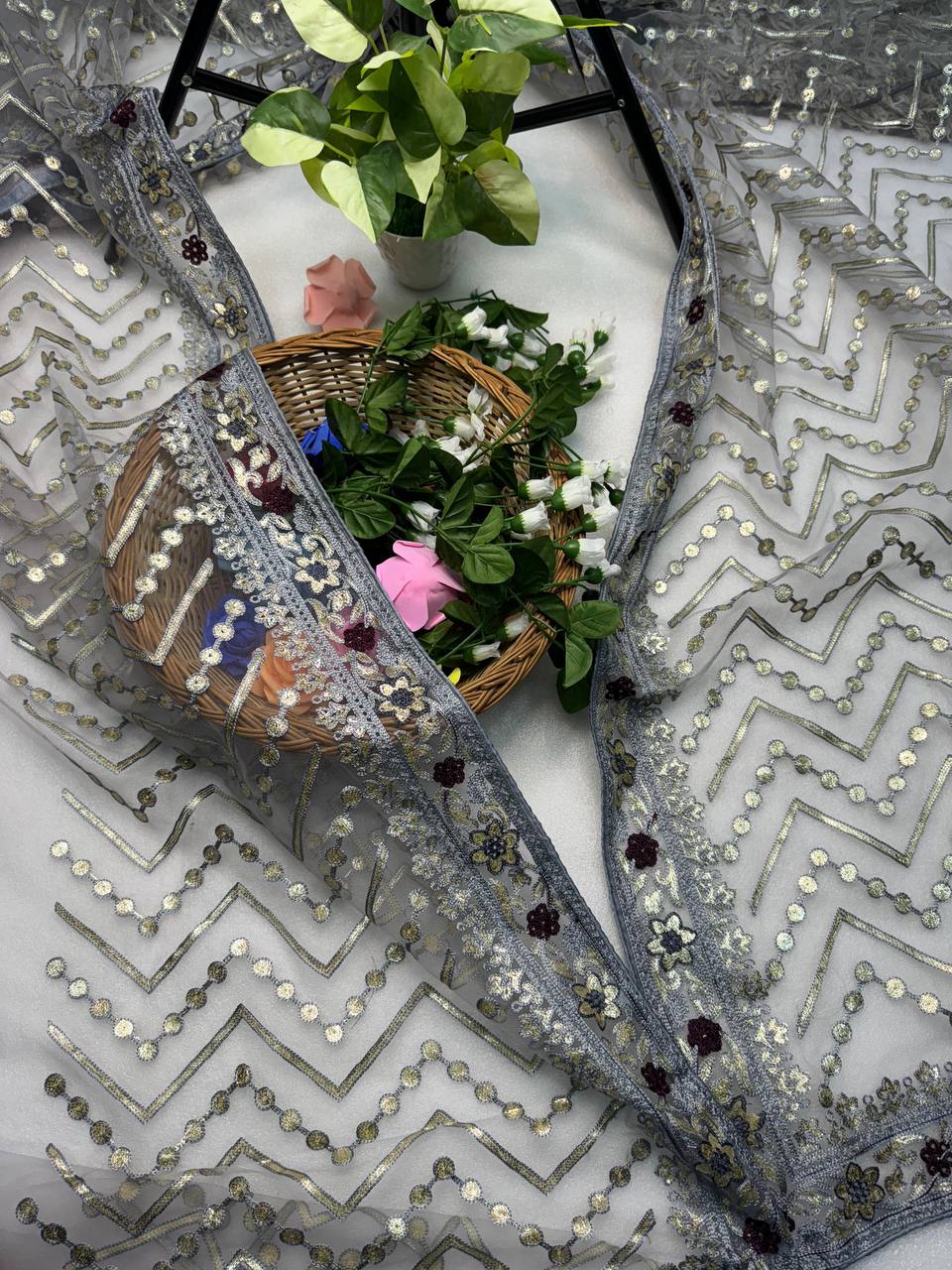 Grey Butterfly Soft Net Saree Collection.