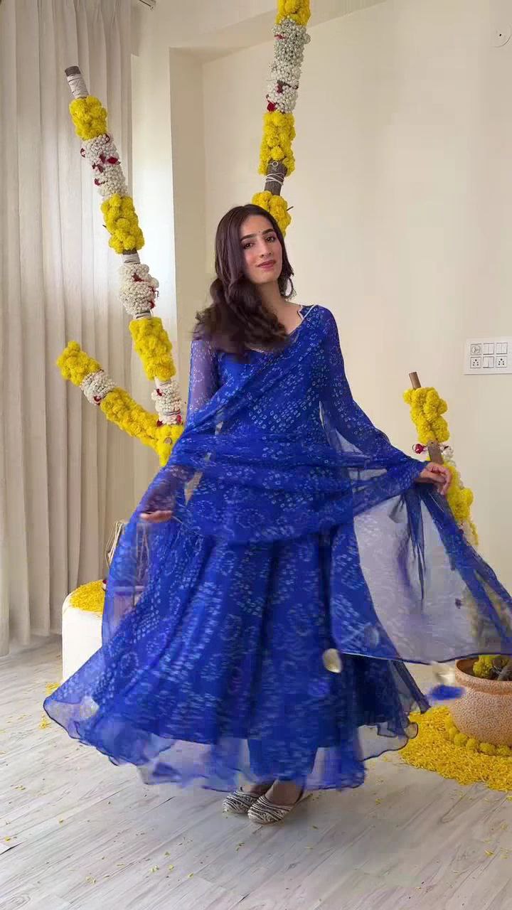 Amazing Designer Blue Bandhni Printed Anarkali Outfit.