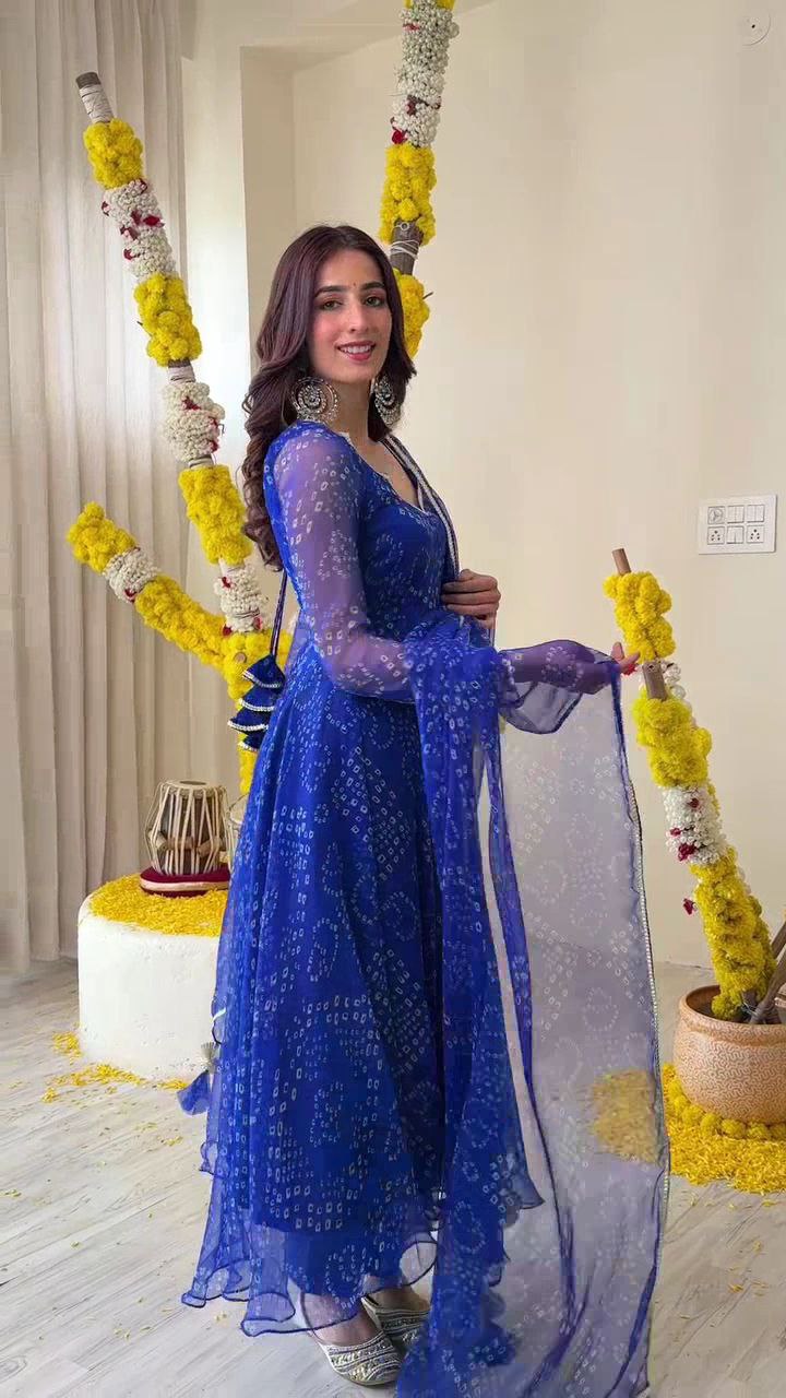 Amazing Designer Blue Bandhni Printed Anarkali Outfit.