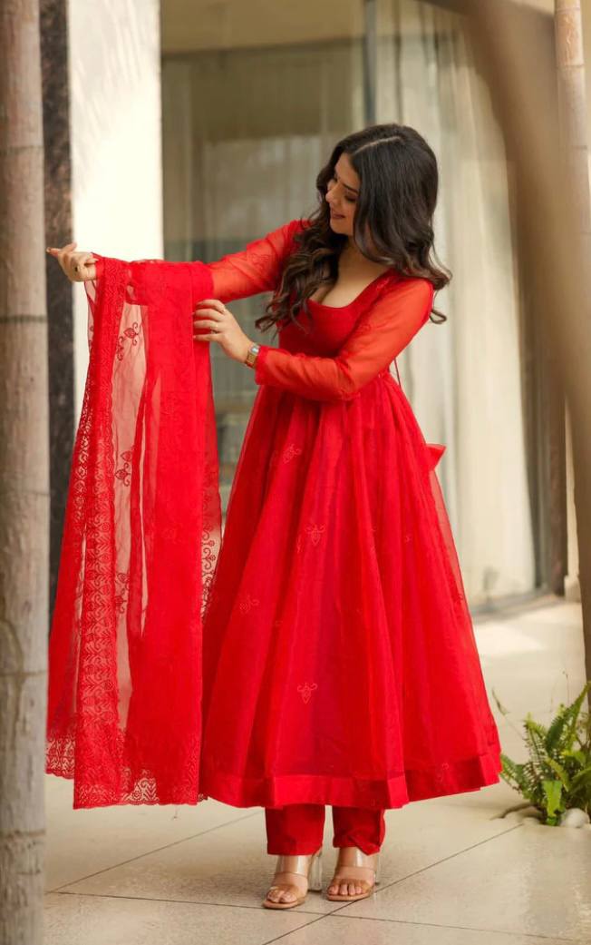 Latest Trendy New Red Anarkali Outfit.