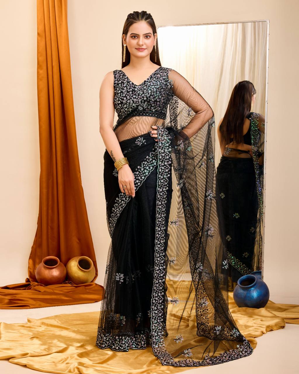 Amazing Look Beautiful Heavy Soft Net Blue Saree.
