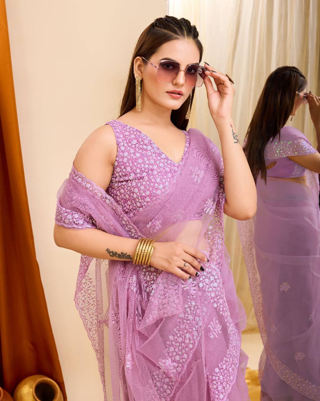 Preety Designer Heavy Soft Net Lavender Party Wear Saree.