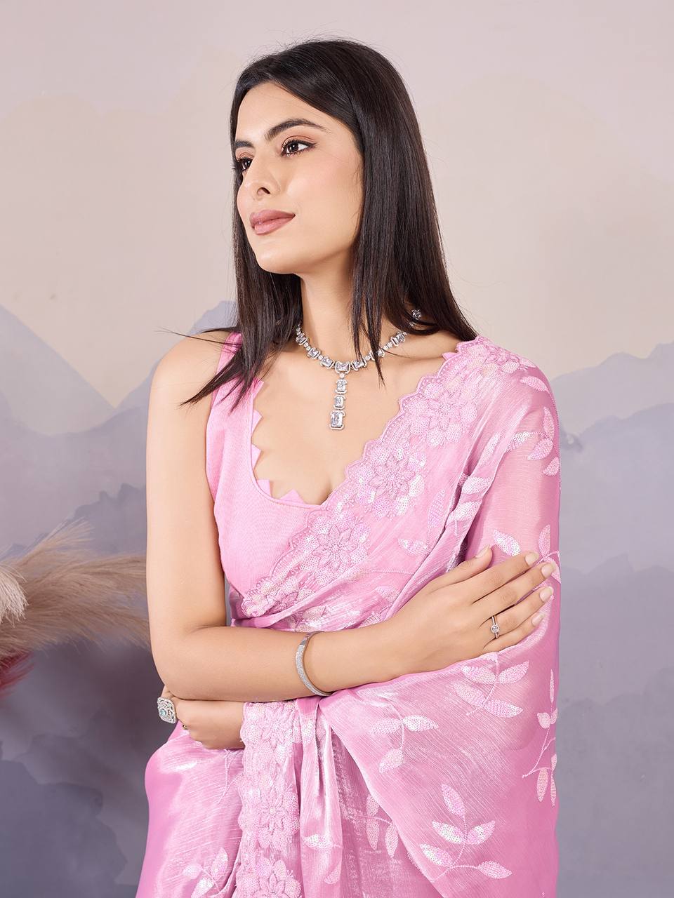 Latest New Burberry Silk Pink Saree Collection.