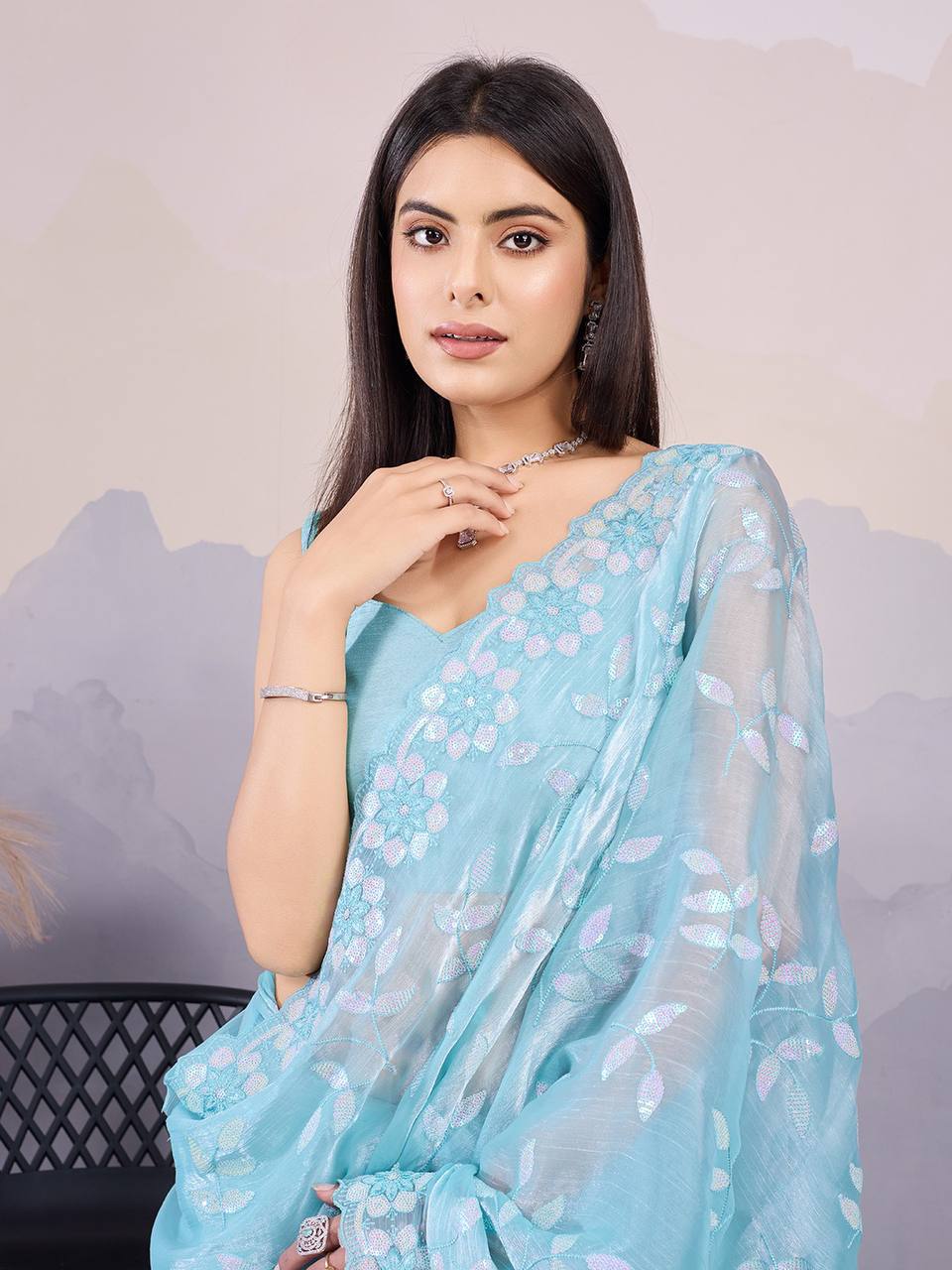 Sky Blue Pretty Burberry Silk Saree Collection.