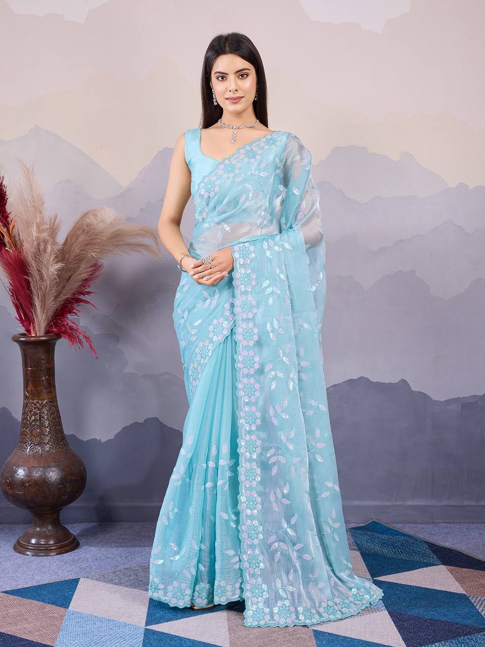 Sky Blue Pretty Burberry Silk Saree Collection.