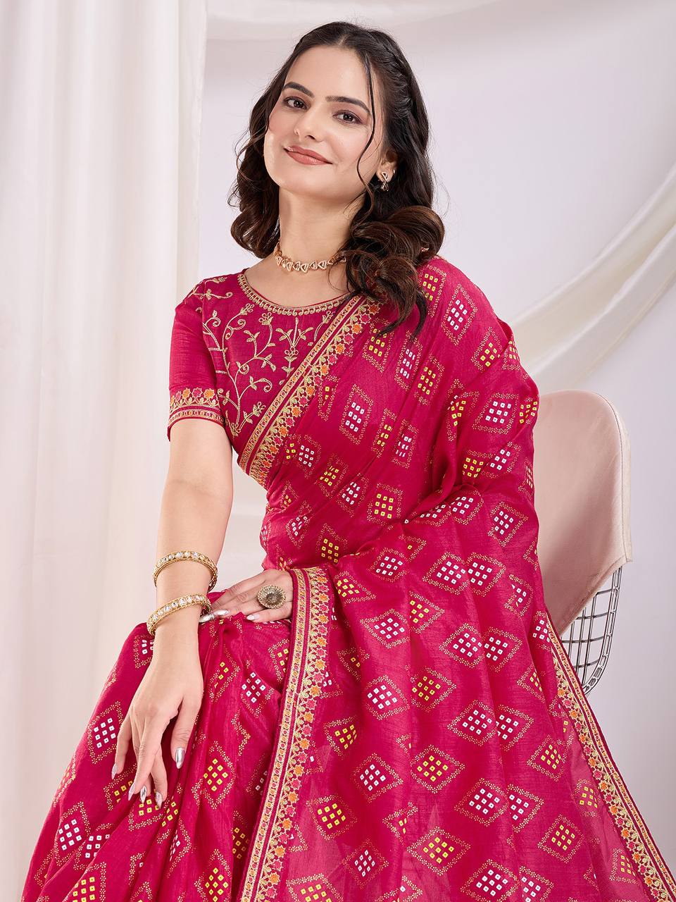 Pink Vichitra Silk Bandhej Saree Collection.