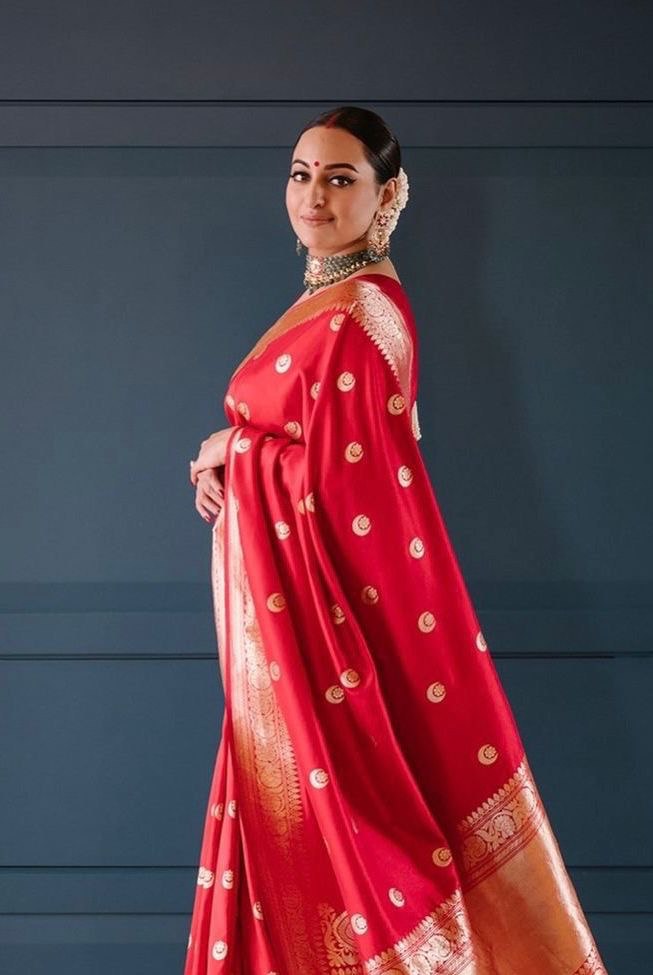 Most Trendy Wedding Special Red Banarasi Soft Silk Saree.