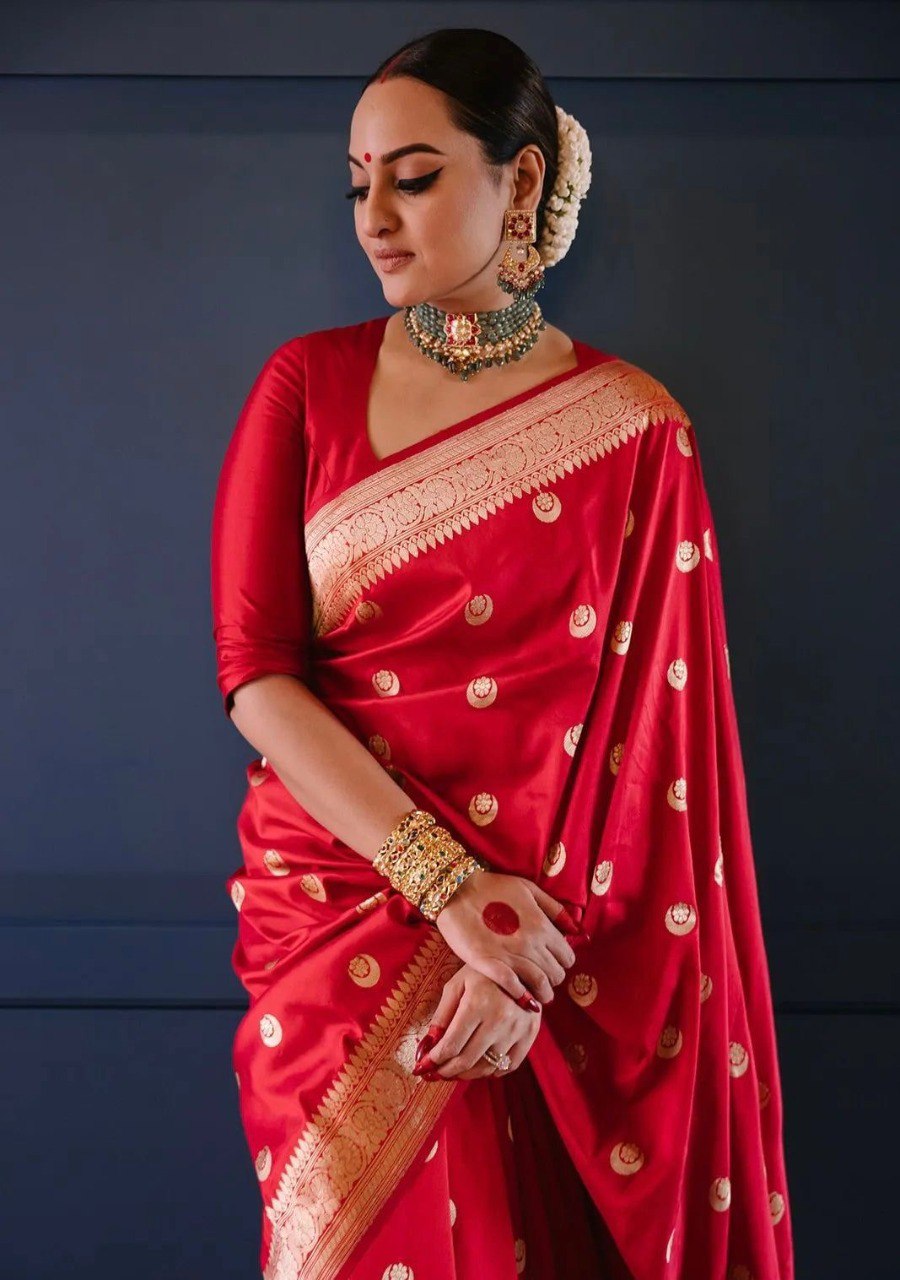 Most Trendy Wedding Special Red Banarasi Soft Silk Saree.
