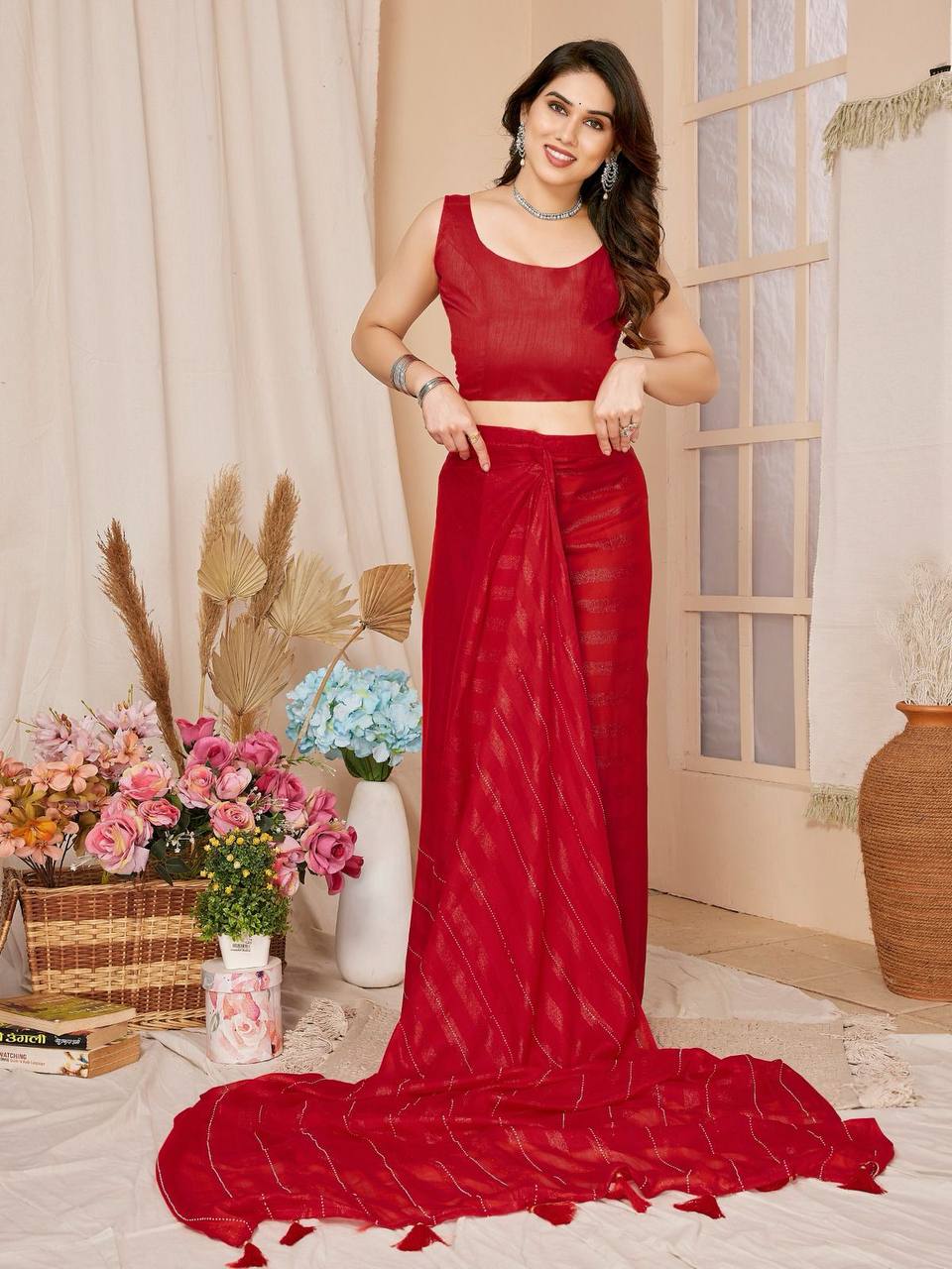 Wedding Function Special Designer Rimzim Silk Ready To Wear Saree Collection.