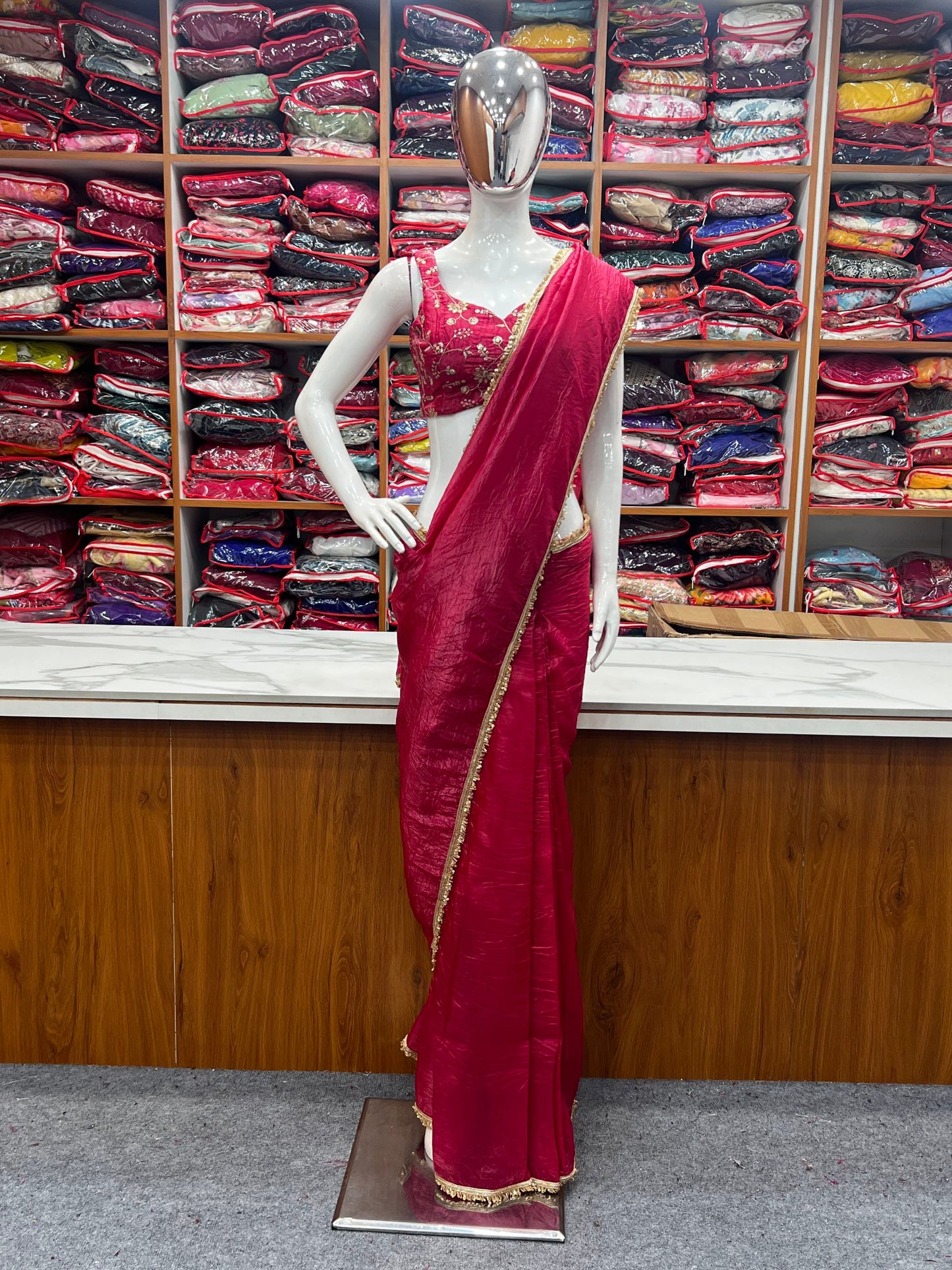 Adorable Premium Gold Crush Tissue Silk Rani Colour Predrapped Ready To Wear Saree Collection.