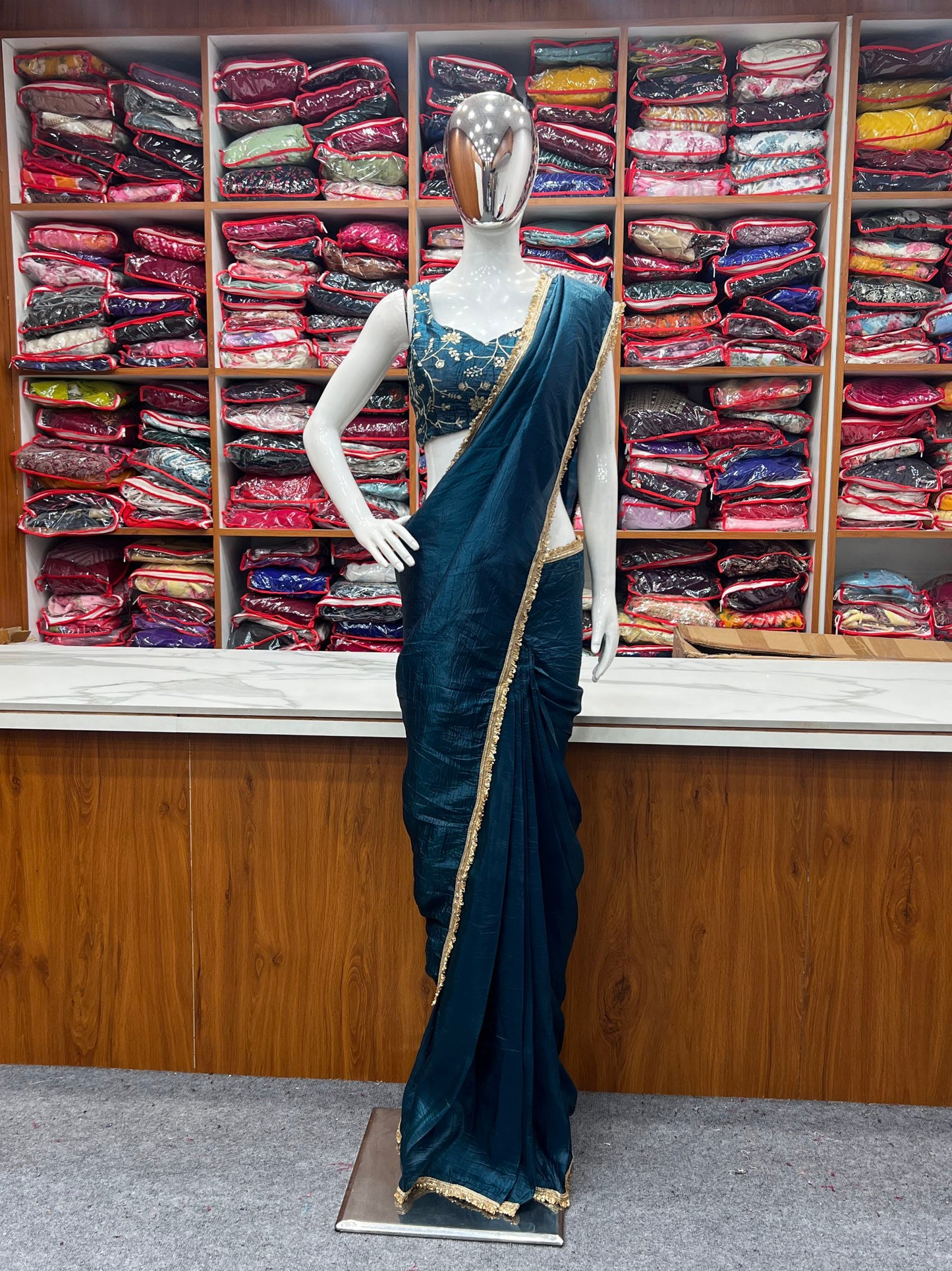 Latest Designer Predrapped Premium Gold Crush Tissue Silk Teal Blue Colour Saree.