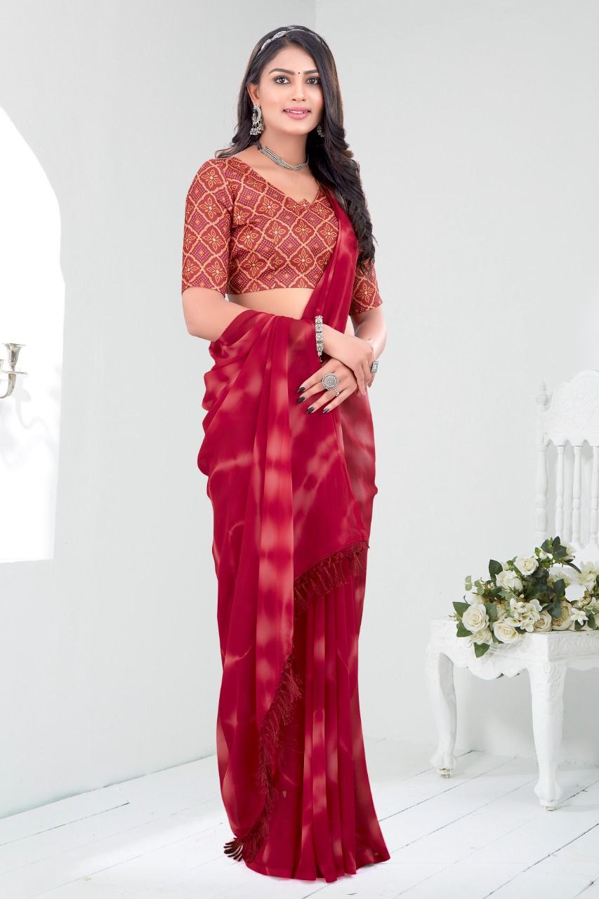 Beautiful Tie & Die Sareen In Traditional Red Colour.