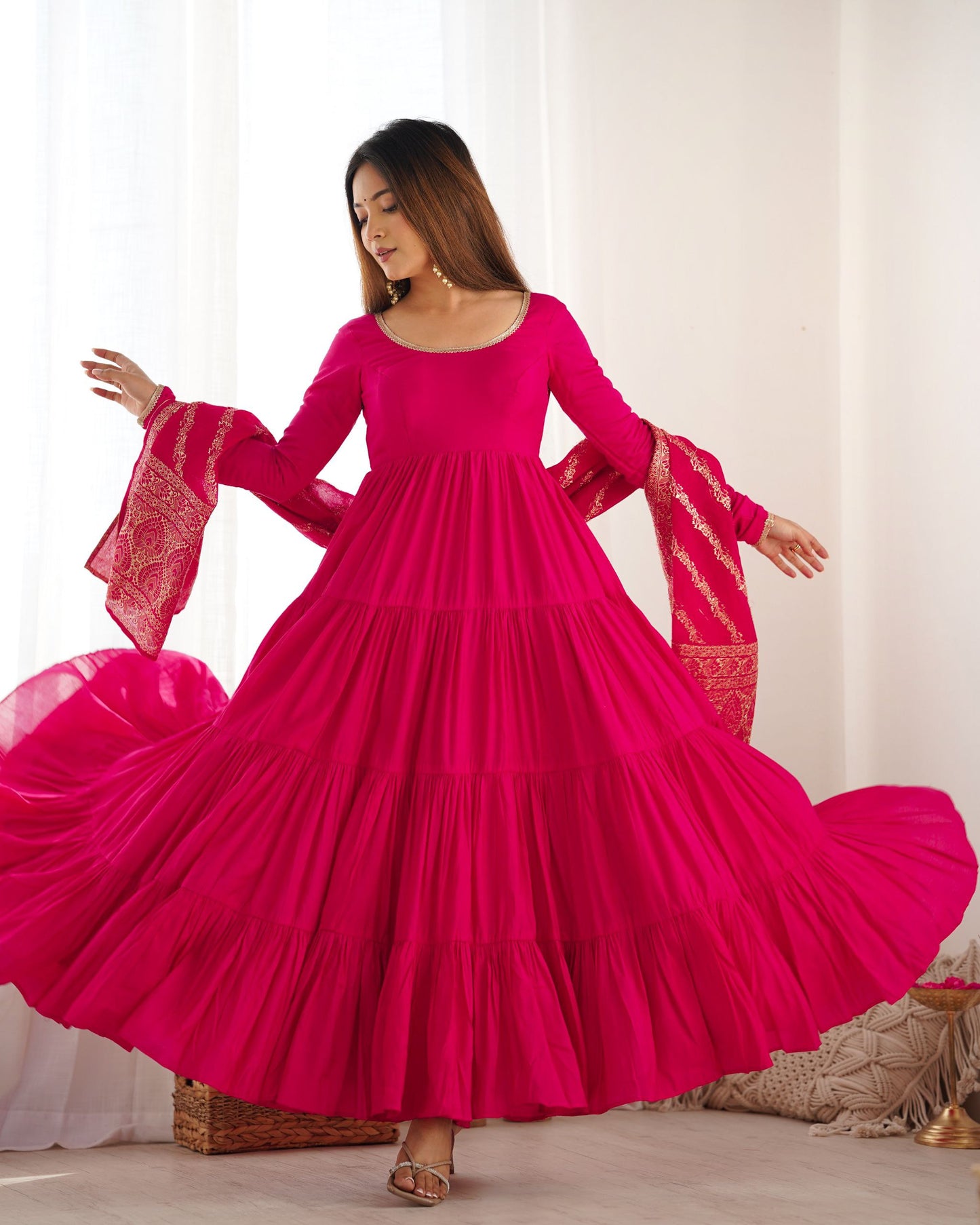 Latest Designer Wedding Wear Special Roman Silk Chanderi Pink Gown Collection.