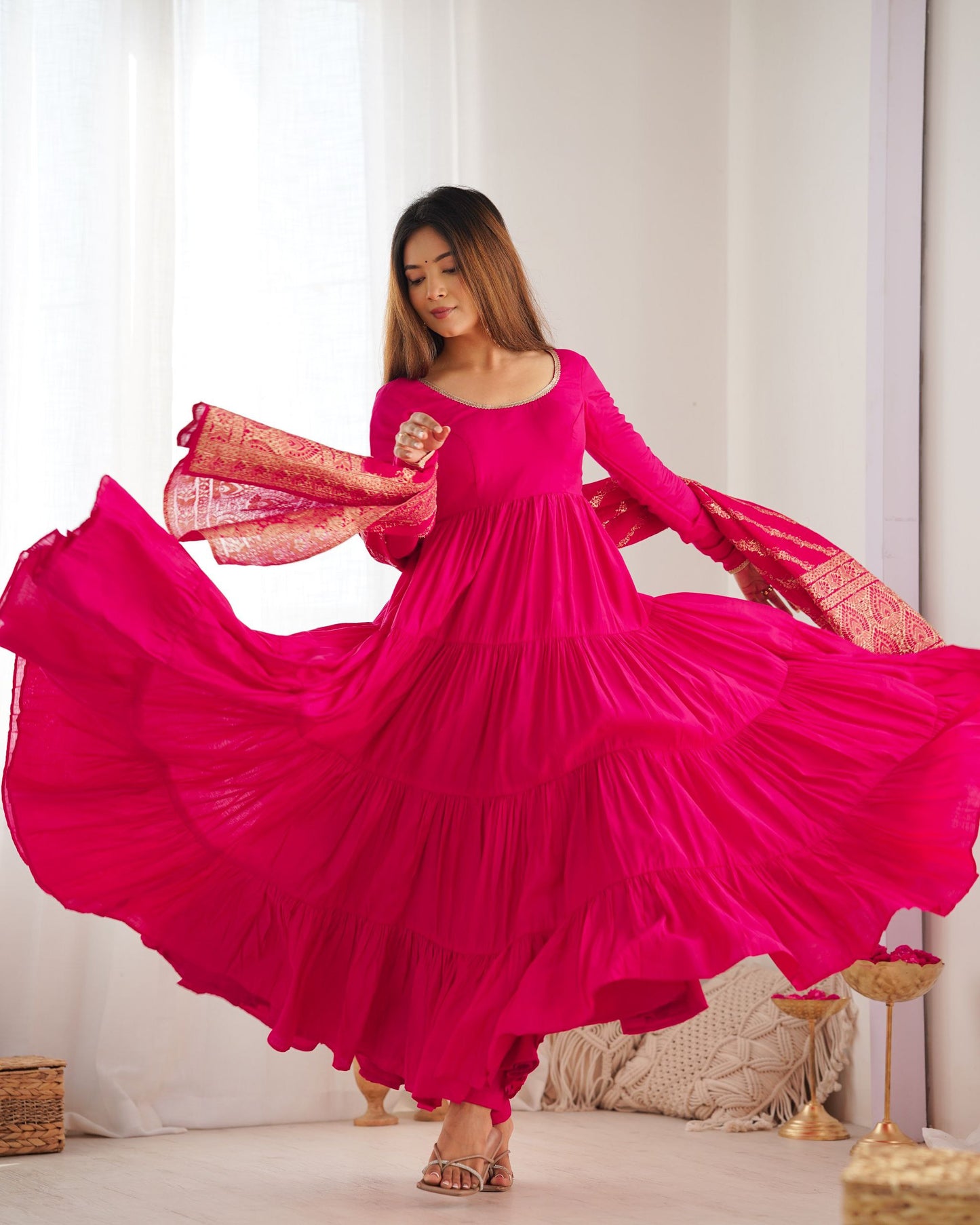 Latest Designer Wedding Wear Special Roman Silk Chanderi Pink Gown Collection.