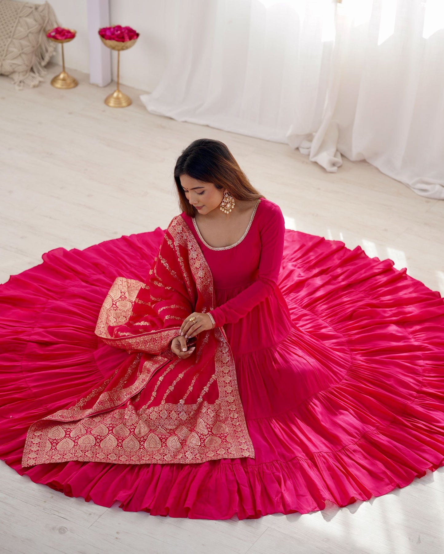 Latest Designer Wedding Wear Special Roman Silk Chanderi Pink Gown Collection.