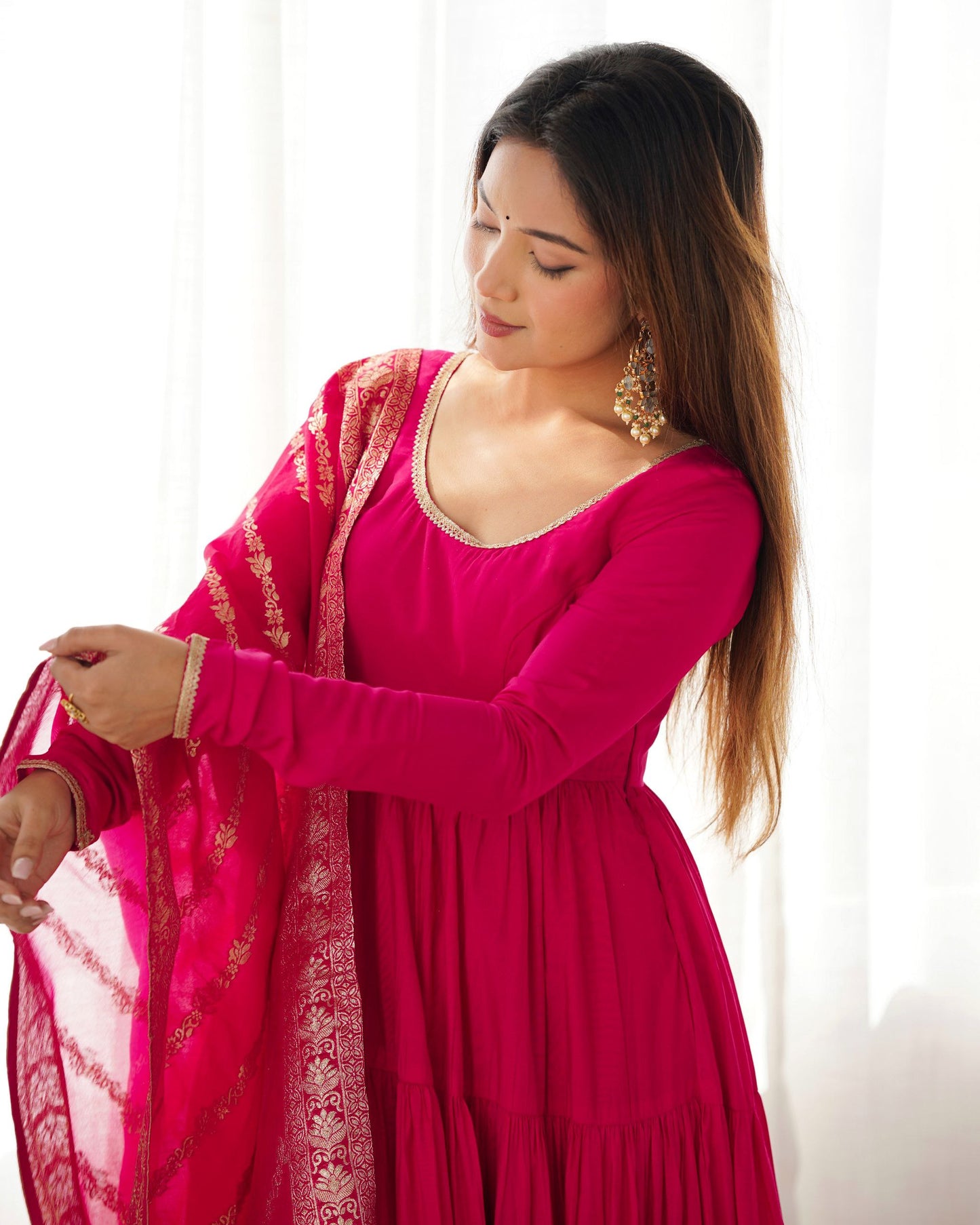 Latest Designer Wedding Wear Special Roman Silk Chanderi Pink Gown Collection.