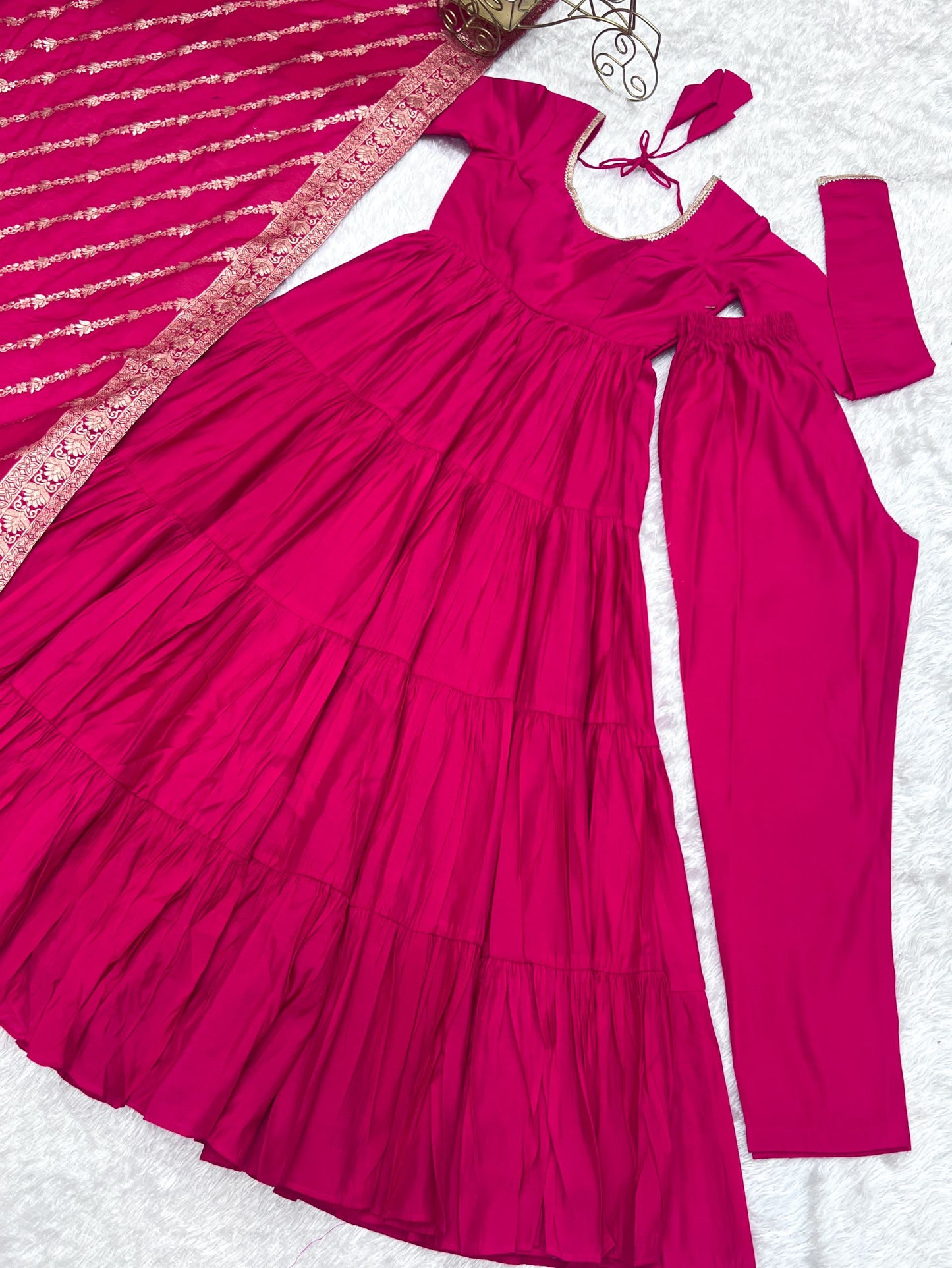 Latest Designer Wedding Wear Special Roman Silk Chanderi Pink Gown Collection.
