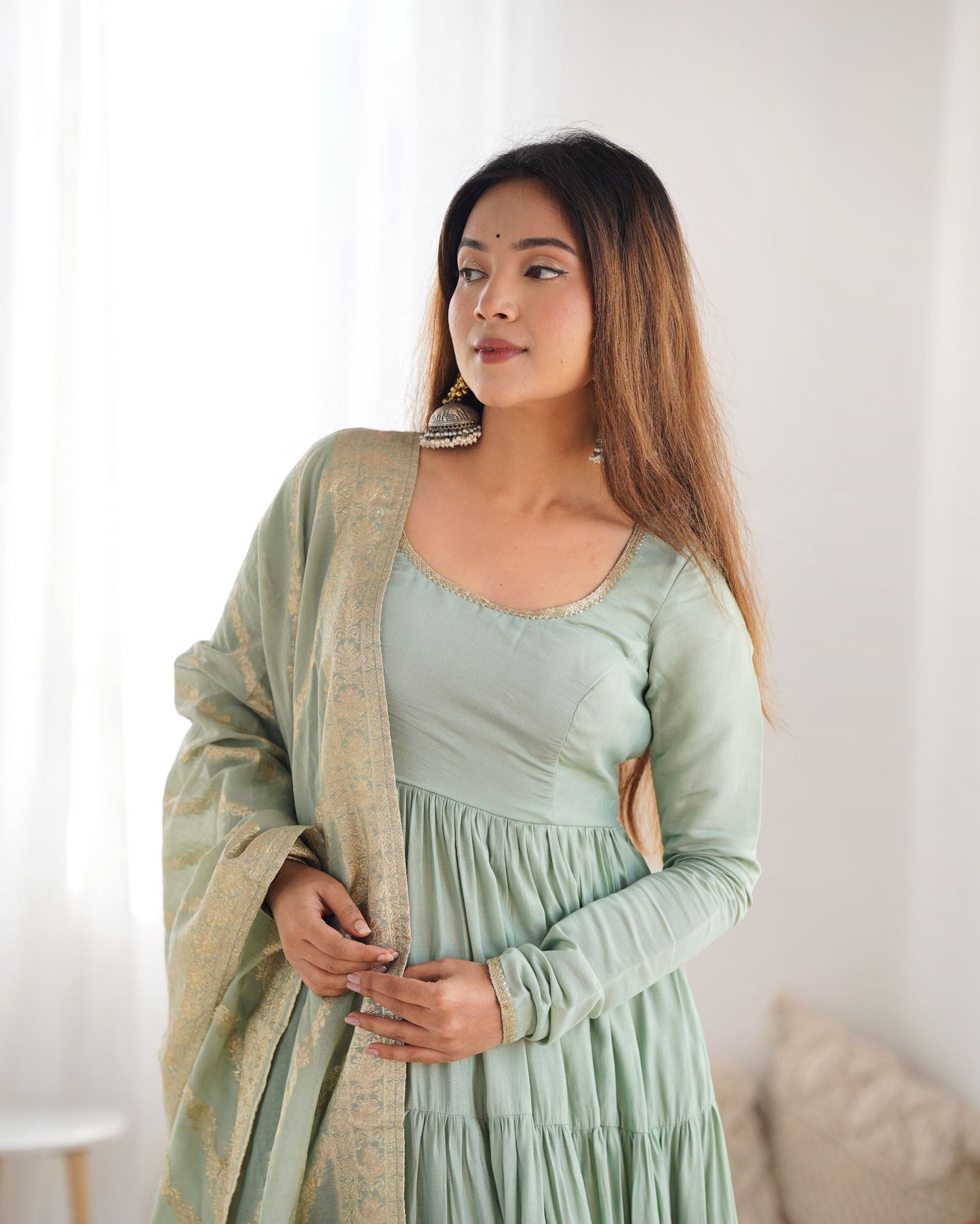 Latest Trendy Roman Silk Chanderi Pista Gown Collection.