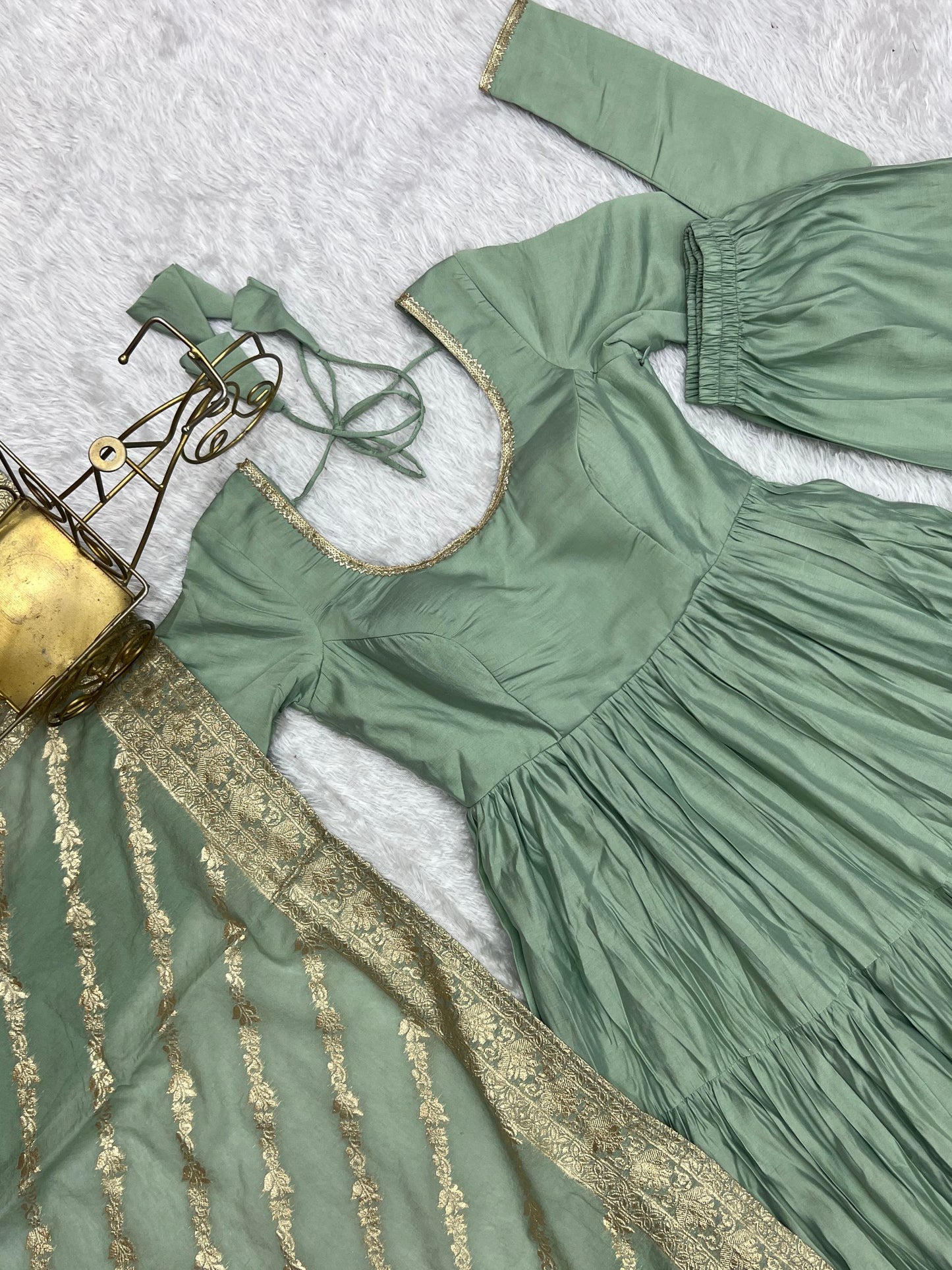 Latest Trendy Roman Silk Chanderi Pista Gown Collection.