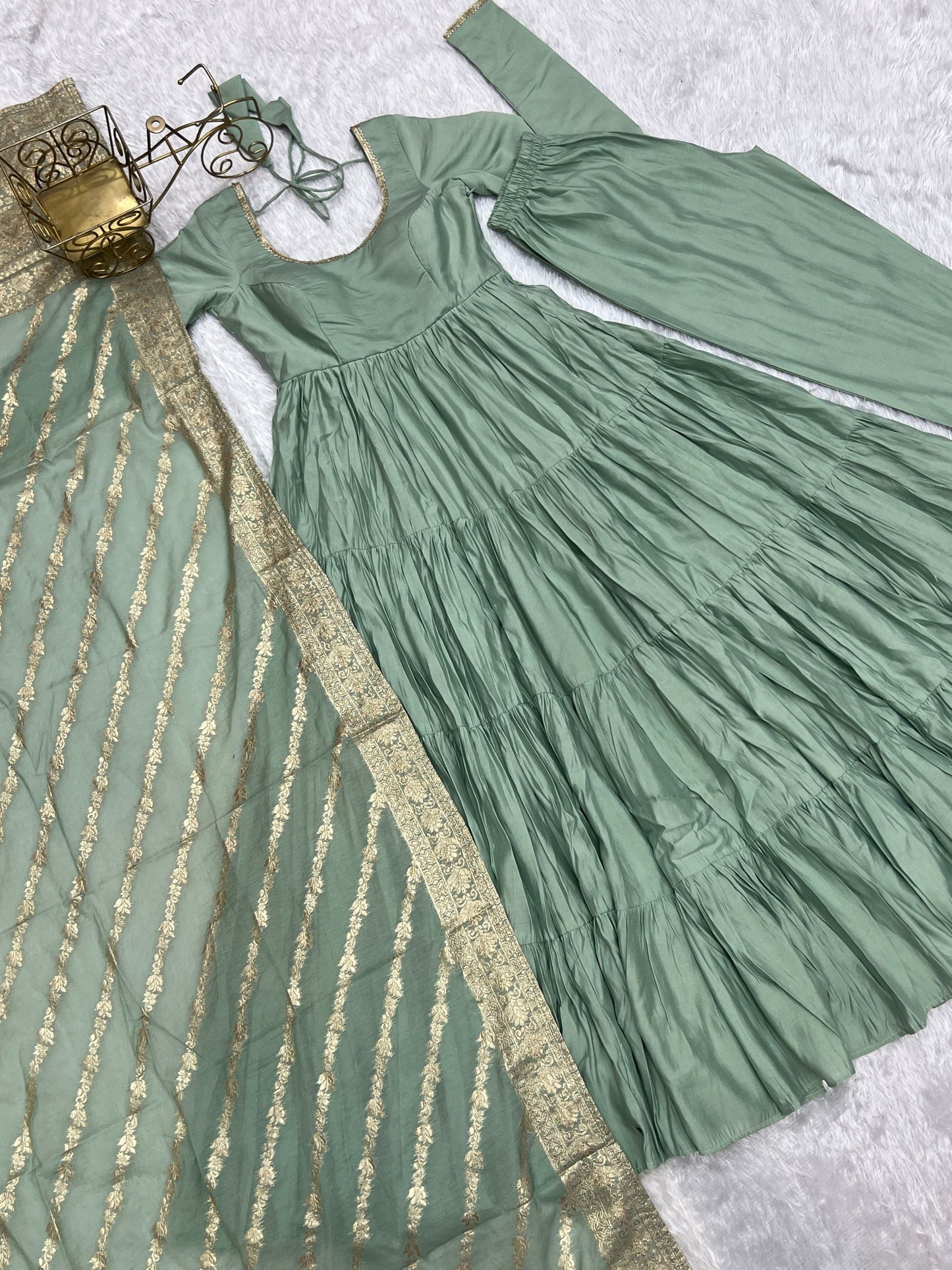 Latest Trendy Roman Silk Chanderi Pista Gown Collection.