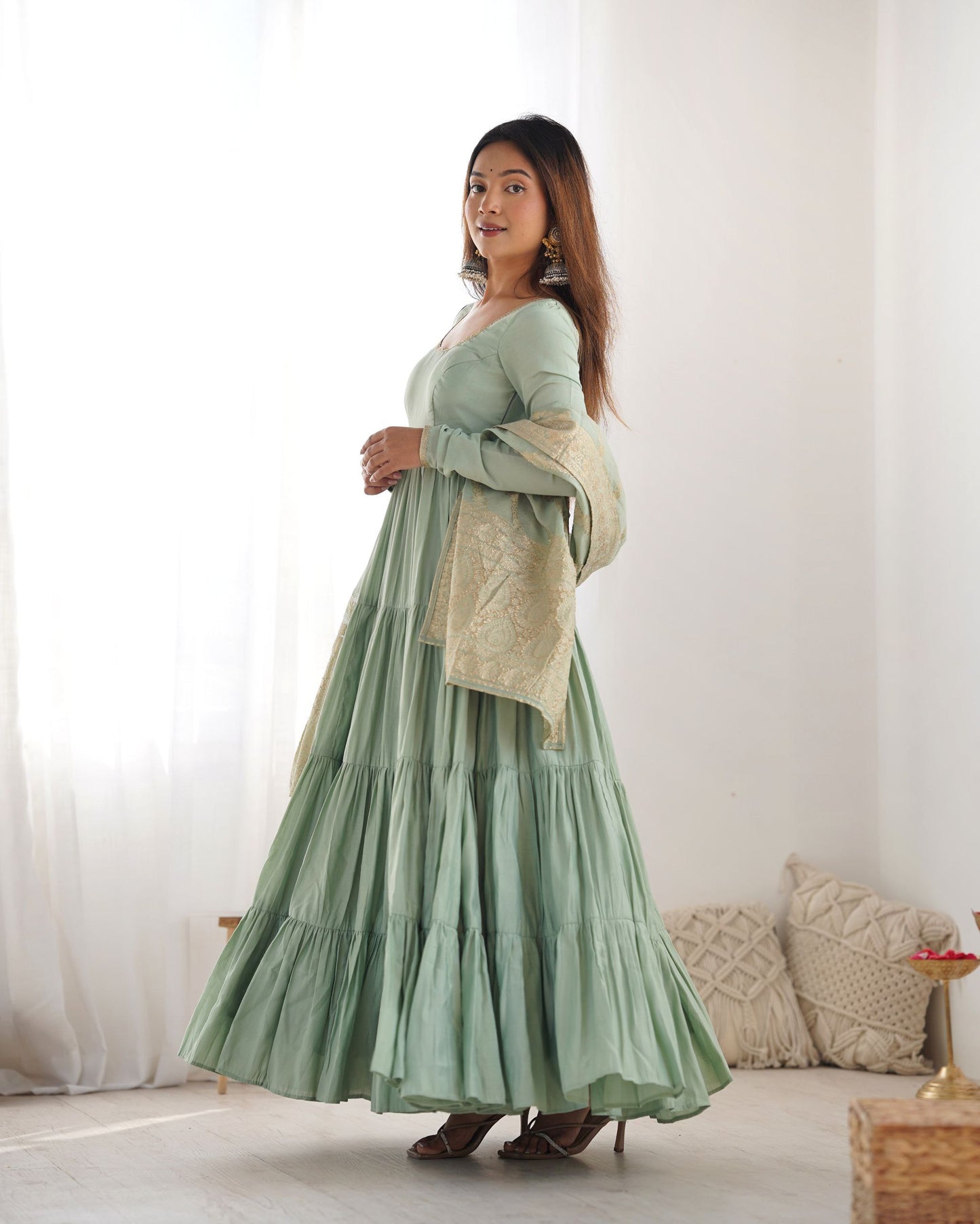 Latest Trendy Roman Silk Chanderi Pista Gown Collection.