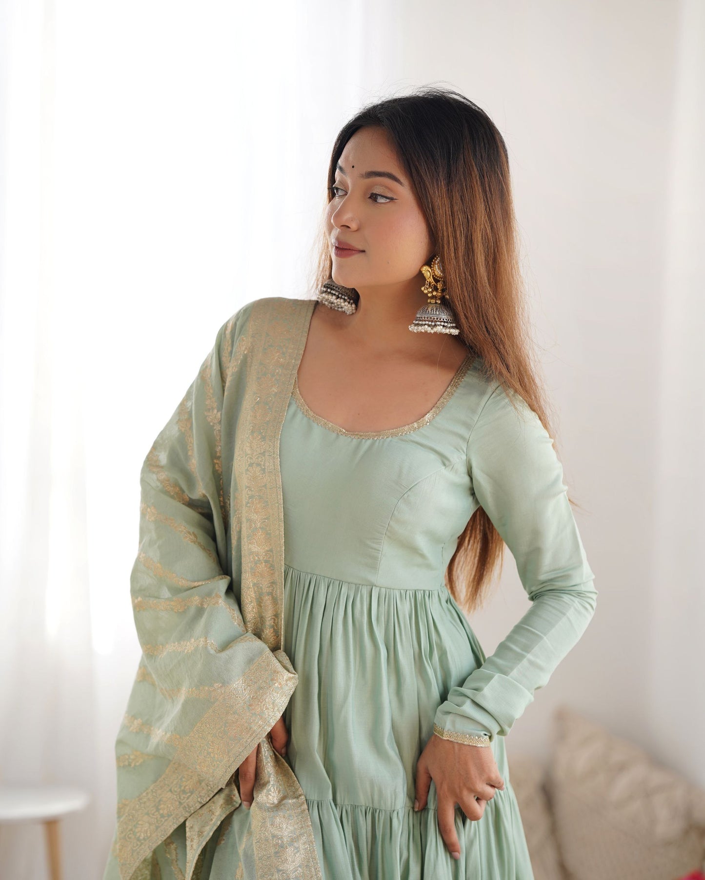 Latest Trendy Roman Silk Chanderi Pista Gown Collection.